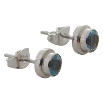 Blue topaz stud earrings, 'Blue Simplicity' - Classic Blue Topaz and Sterling Silver Round Stud Earrings
