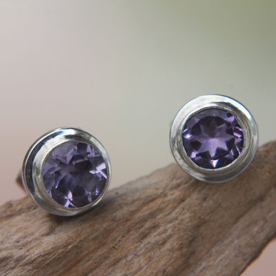 Amethyst stud earrings, 'Purple Simplicity' - Round Amethyst and Sterling Silver 925 Stud Earrings