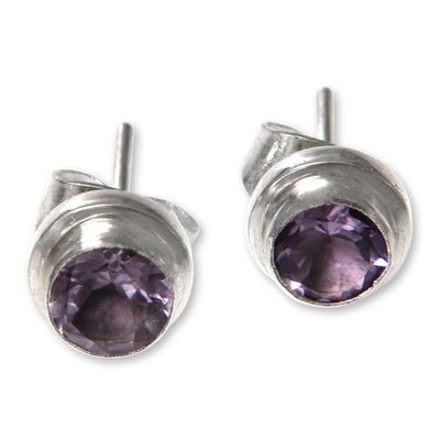 Round Amethyst and Sterling Silver 925 Stud Earrings