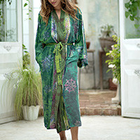 Batik robe, 'Pancaroba' - Handmade Batik Women's Robe from Bali in Shades of Green