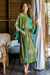 Batik robe, 'Pancaroba' - Handmade Batik Women's Robe from Bali in Shades of Green (image 2) thumbail
