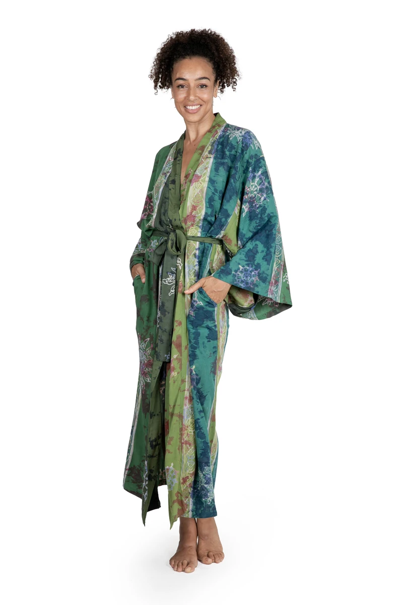 Galiba Robe Handmade Batik Women's Robe from Bali in Shades of Green - Pancaroba ...