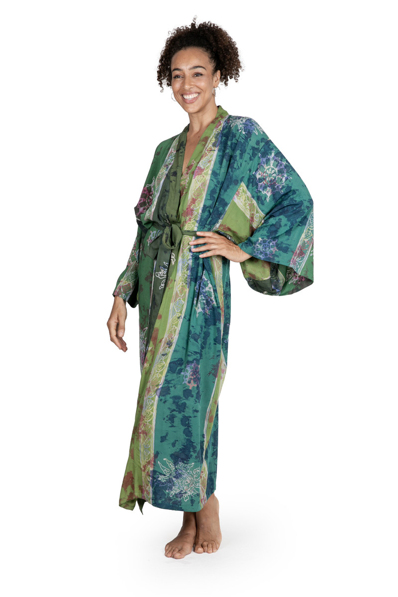Spa Robe Batik Handmade Batik Women's Robe from Bali in Shades of Green - Pancaroba ...