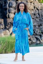 Batik robe, 'Misty Garden' - Women's Blue and Green Hand Crafted Batik Rayon Robe