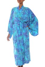 Batik robe, 'Misty Garden' - Women's Blue and Green Hand Crafted Batik Rayon Robe