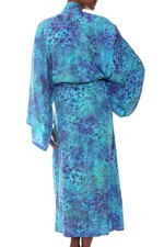 Batik robe, 'Misty Garden' - Women's Blue and Green Hand Crafted Batik Rayon Robe