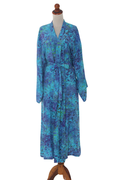 Batik robe, 'Misty Garden' - Women's Blue and Green Hand Crafted Batik Rayon Robe