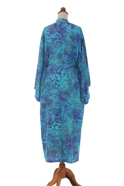 Batik robe, 'Misty Garden' - Women's Blue and Green Hand Crafted Batik Rayon Robe