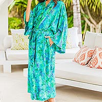 Batik robe, 'Ocean Jungle' - Green and Blue Tie-Dye and Batik Rayon Belted Robe