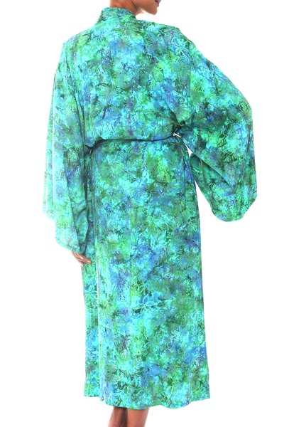 Batik-Robe - Robe aus grünem und blauem Batik- und Batik-Rayon mit Gürtel