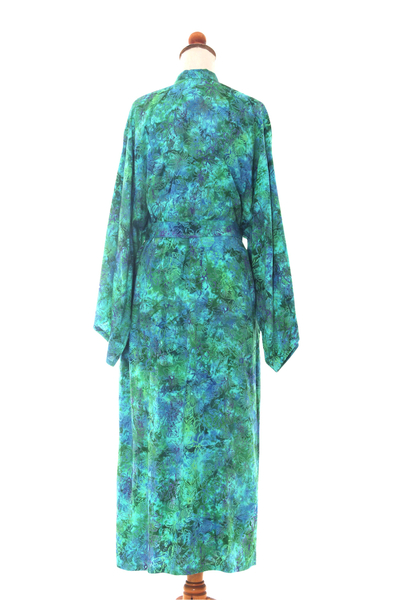 Batik robe, 'Ocean Jungle' - Green and Blue Tie-Dye and Batik Rayon Belted Robe