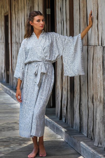 Rayon batik robe, 'Misty Arabesque' - Grey and White Screen Print Rayon Belted Kimono Style Robe