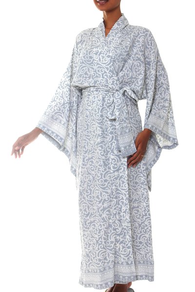 Rayon batik robe, 'Misty Arabesque' - Grey and White Batik Rayon Belted Kimono Style Robe