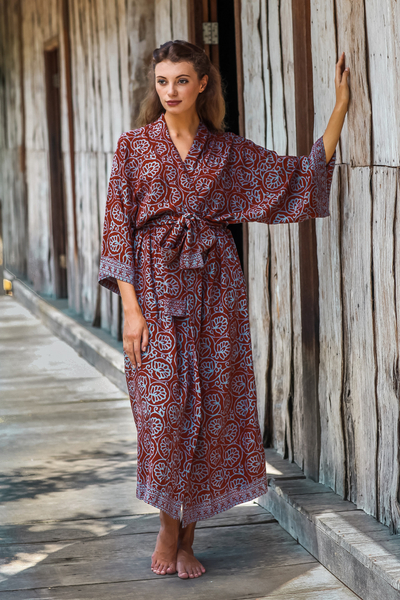 Rayon batik robe, 'Morning Aster' - Women's Rayon Front Tie Silk Screened Border Print Robe in B