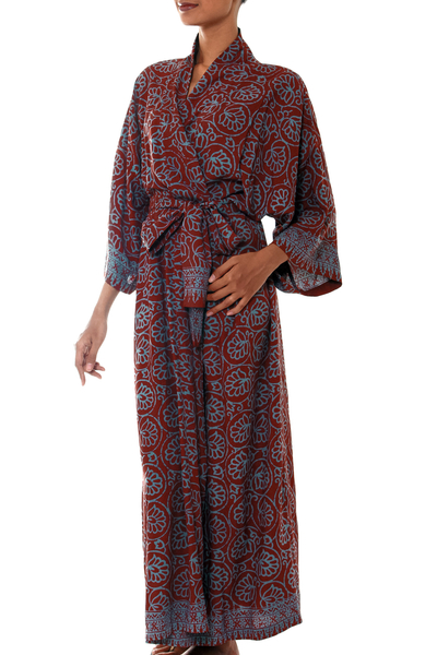 Robe aus Rayon-Batik - Handgestempelte Batik-Robe für Damen in Grau und Burgunderrot mit Gürtel