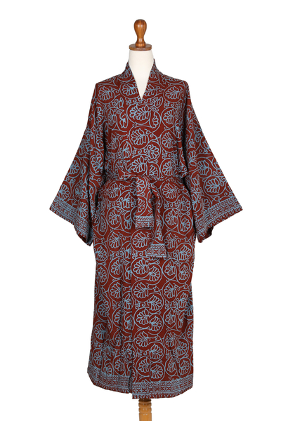 Women's Grey and Burgundy Hand Stamped Batik Belted Robe - Morning ...