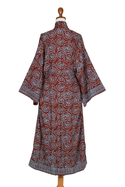 Rayon batik robe, 'Morning Aster' - Women's Grey and Burgundy Hand Stamped Batik Belted  Robe