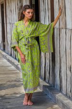Rayon robe, 'Tropical Fern Forest' - Balinese Green and Purple Fern Leaf Rayon Kimono Style Robe