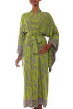 Rayon robe, 'Tropical Fern Forest' - Balinese Green and Purple Fern Leaf Rayon Kimono Style Robe