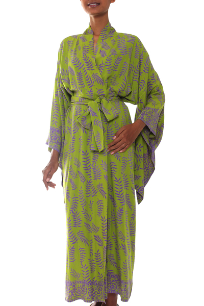 Balinese Green and Purple Fern Leaf Rayon Kimono Style Robe