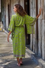 Rayon robe, 'Tropical Fern Forest' - Balinese Green and Purple Fern Leaf Rayon Kimono Style Robe