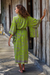 Rayon robe, 'Tropical Fern Forest' - Balinese Green and Purple Fern Leaf Rayon Kimono Style Robe (image 2b) thumbail
