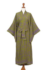 Rayon robe, 'Tropical Fern Forest' - Balinese Green and Purple Fern Leaf Rayon Kimono Style Robe