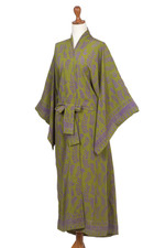 Rayon robe, 'Tropical Fern Forest' - Balinese Green and Purple Fern Leaf Rayon Kimono Style Robe