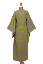 Rayon robe, 'Tropical Fern Forest' - Balinese Green and Purple Fern Leaf Rayon Kimono Style Robe