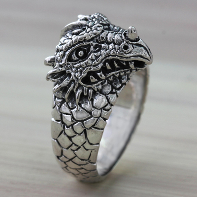 Animal Themed Sterling Silver Dragon Ring for Men - Dragon Courage | NOVICA