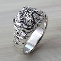 Men's sterling silver ring, 'Bulldog Courage' - Artisan Crafted Animal Themed Silver Bulldog Ring for Men