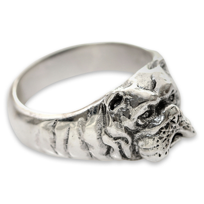 Artisan Crafted Animal Themed Silver Bulldog Ring for Men