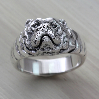 Men's sterling silver ring, 'Bulldog Courage' - Artisan Crafted Animal Themed Silver Bulldog Ring for Men