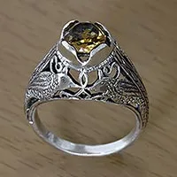 Anillo solitario citrino - Anillo con solitario de citrino y pájaros que se besan en plata de ley