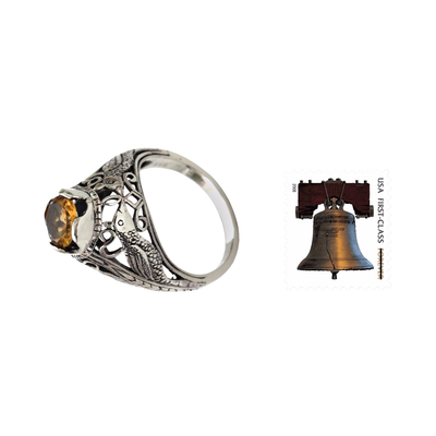 Citrine solitaire ring, 'Starling Romance' - Kissing Birds in Sterling Silver Citrine Solitaire Ring