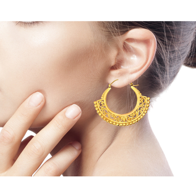 Gold vermeil hoop earrings, 'Jungle Paradise' - Lacy Handcrafted Sterling Silver Earrings Bathed in 22k Gold