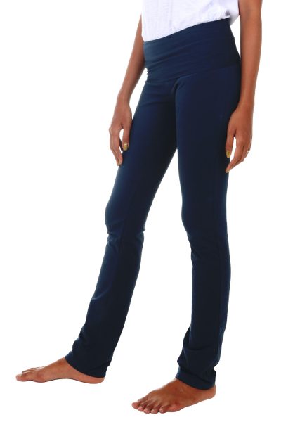 Cotton full length yoga pants, 'Kintamani in Blue' - Artisan Crafted Long Cotton-Lycra Yoga Pants in Dark Blue