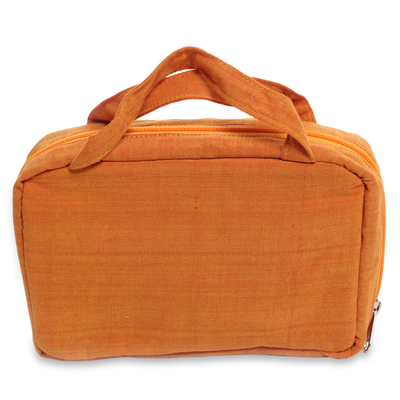 Cotton cosmetics bag, 'Orange Jogja' - Artisan Crafted Orange Cosmetics Bag with Black and White