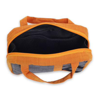 Cotton cosmetics bag, 'Orange Jogja' - Artisan Crafted Orange Cosmetics Bag with Black and White