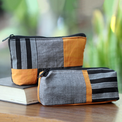Cotton cosmetics bags, 'Grey Borobudur' (pair) - Hand Woven Cotton Cosmetic Bags in Orange and Grey (Pair)