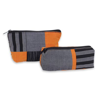 Cotton cosmetics bags, 'Grey Borobudur' (pair) - Hand Woven Cotton Cosmetic Bags in Orange and Grey (Pair)