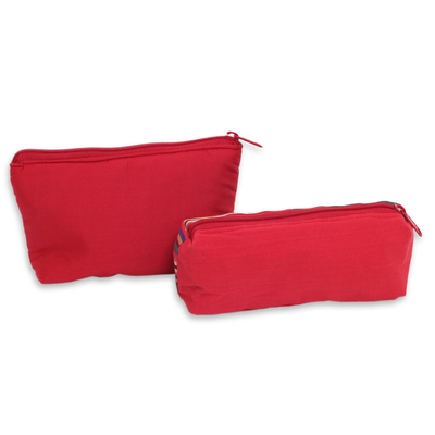 Cotton cosmetics bags, 'Red Borobudur' (pair) - Artisan Crafted Cosmetics Bags in Red and Green (Pair)