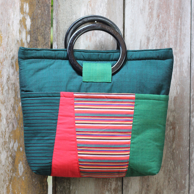 Handtasche aus Baumwolle und Mahagoni - Grüne Baumwollhandtasche mit mehreren Taschen und Mahagoni-Griffen
