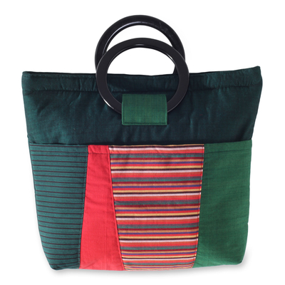 Cotton and mahogany handbag, 'Keraton Green' - Multi Pocket Green Cotton Handbag with Mahogany Handles