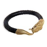 Men's leather and amethyst braided bracelet, 'Golden Baru Klinting' - Men's Handcrafted Black Leather and Brass Snake Bracelet