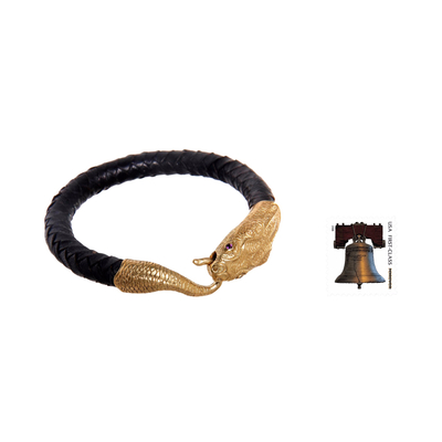 Geflochtenes Herrenarmband aus Leder und Amethyst - Handgefertigtes Schlangenarmband aus schwarzem Leder und Messing für Herren