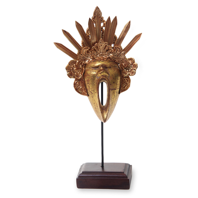 Copper and wood drama mask with stand, 'Yawning Woman' - Unique Decorative Mask in Copper and Wood with Stand