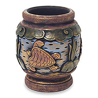 Decorative wood vase, 'Turtle Oasis' - Turtle Hand Carved and Painted Small Wood Decorative Vase