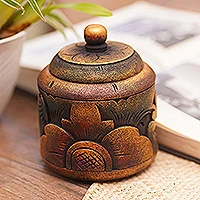 Decorative wood box, 'Garden Treasure' - Floral Box Hand Carved in Bali from Mahogany Wood