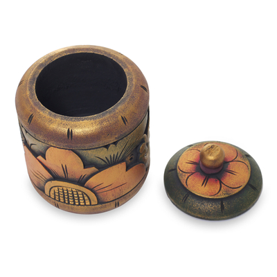 Decorative wood box, 'Garden Treasure' - Floral Box Hand Carved in Bali from Mahogany Wood